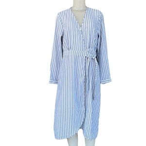 Time And Tru Blue White Strip Wrap Tie Long Sleeve Dress Size S 4-6